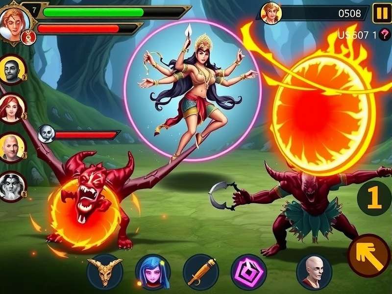 Durga S Mystic Battle gameplay screenshot showing Goddess Durga battling demons